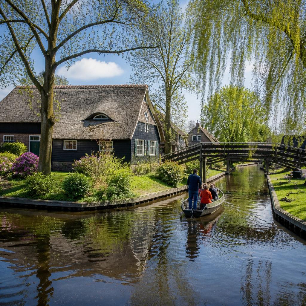 Small boat on a canal between thatched cottages in Giethoorn